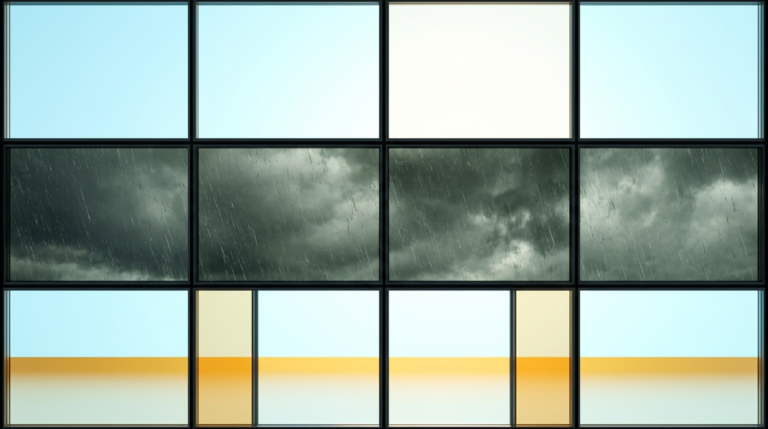 Calendar grid made of window panes showing the best time to replace windows falls in the clear winter months