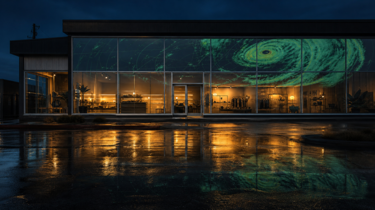 Panhandle retail storefront glowing at dusk with a hurricane radar sweep reflected in the glass, illustrating commercial storefront windows specification