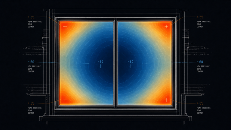 Window rendered as a wind pressure heat map glowing at the corners, illustrating how design pressure rating windows are determined