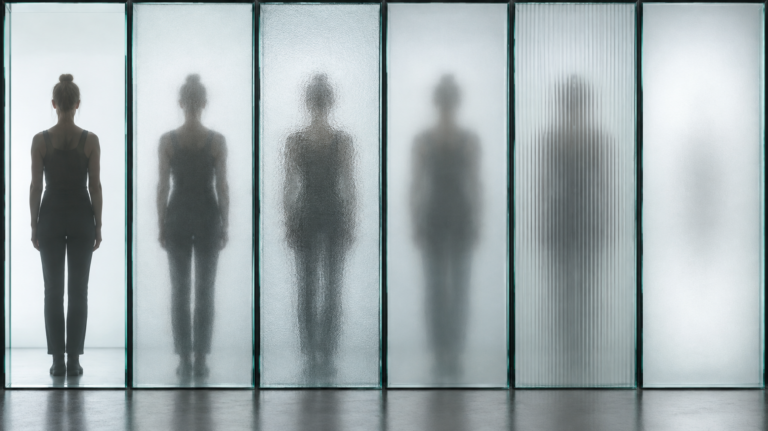 Six door glass inserts compared by privacy level with the same figure visible behind each panel
