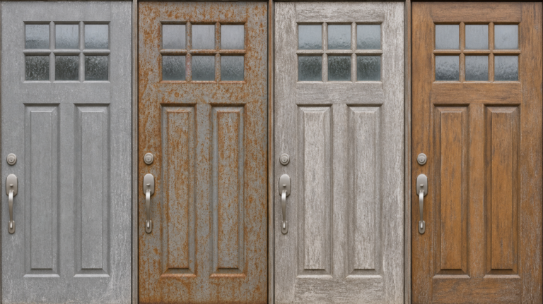 Four exterior door materials compared side by side after eight years of coastal Florida exposure