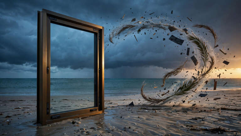 Impact window standing on a Panama City Beach shoreline with storm debris in the air, illustrating hurricane impact windows cost factors