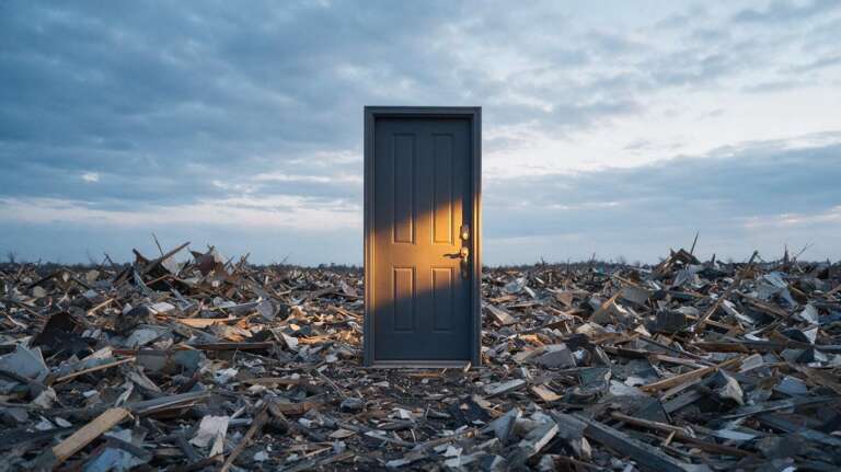 Impact rated exterior door standing intact in its frame amid storm wreckage at dawn on the Florida coast