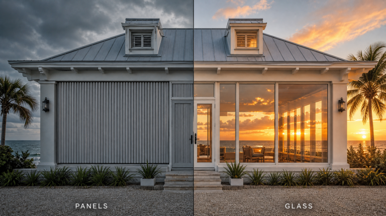 Coastal home split down the middle showing hurricane shutters on one half and impact windows on the other, comparing impact windows vs hurricane shutters