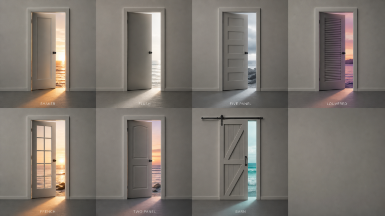 Grid of seven interior door styles each opened slightly with different colored light spilling through, showing interior door styles for coastal Florida homes