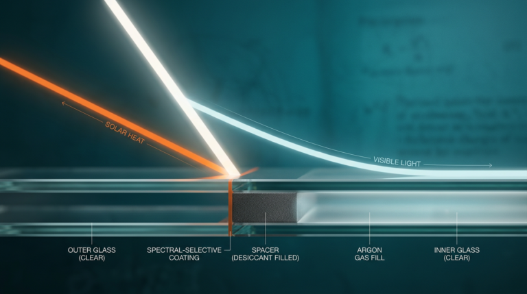 Macro cross-section of an insulated glass unit showing low-e glass reflecting solar heat while passing visible light