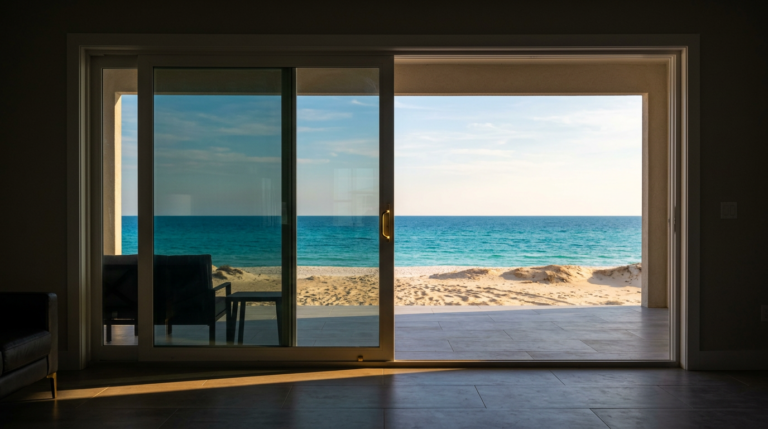 Wide open impact sliding glass door replacement framing the Gulf in a Panama City Beach home