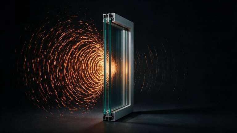 Cutaway of laminated glass showing how soundproof windows damp exterior noise before it enters a room