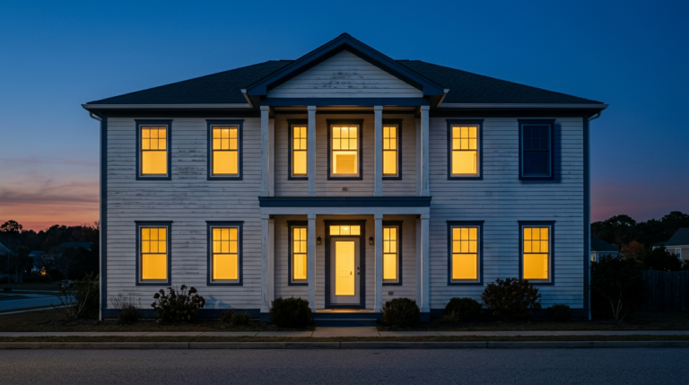 Coastal home at dusk with one unprotected window, illustrating how a wind mitigation inspection rates the weakest opening