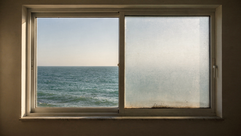 Window split between clear glass and window condensation between panes caused by a failed insulating glass seal
