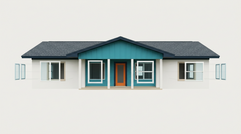 Panama City home shown as an exploded diagram with every window floating out of its opening, illustrating the window replacement Panama City process